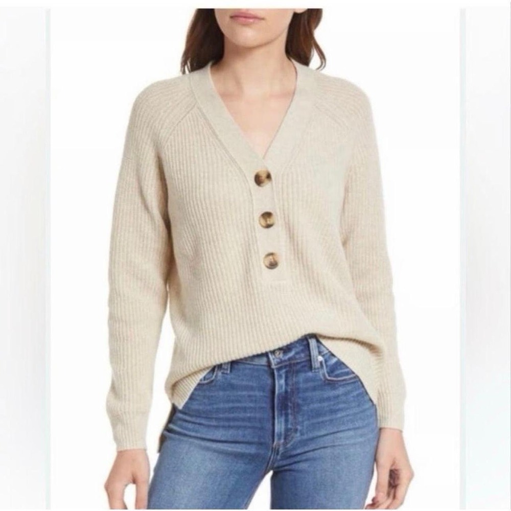 Madewell‎ XS Wool Long Sleeve Quarter Button Henley Pullover Sweater Beige Ivory